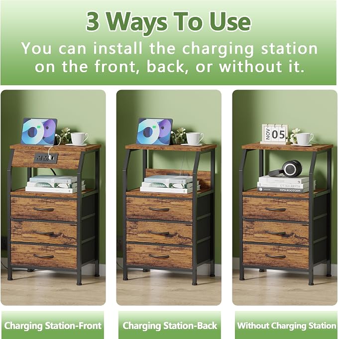 Furnulem Night Stand with Charging Station, 3 Fabric Drawers Bedside Table | - Image 6