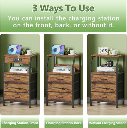 Furnulem Night Stand with Charging Station, 3 Fabric Drawers Bedside Table | - Image 6