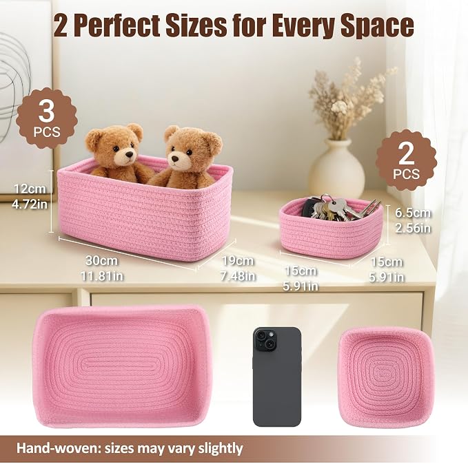 5-Pack Small Woven Rope Storage Baskets, 2 Sizes Organizer Bins | Fabric Cube - Image 2