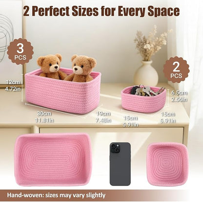 5-Pack Small Woven Rope Storage Baskets, 2 Sizes Organizer Bins | Fabric Cube - Image 2
