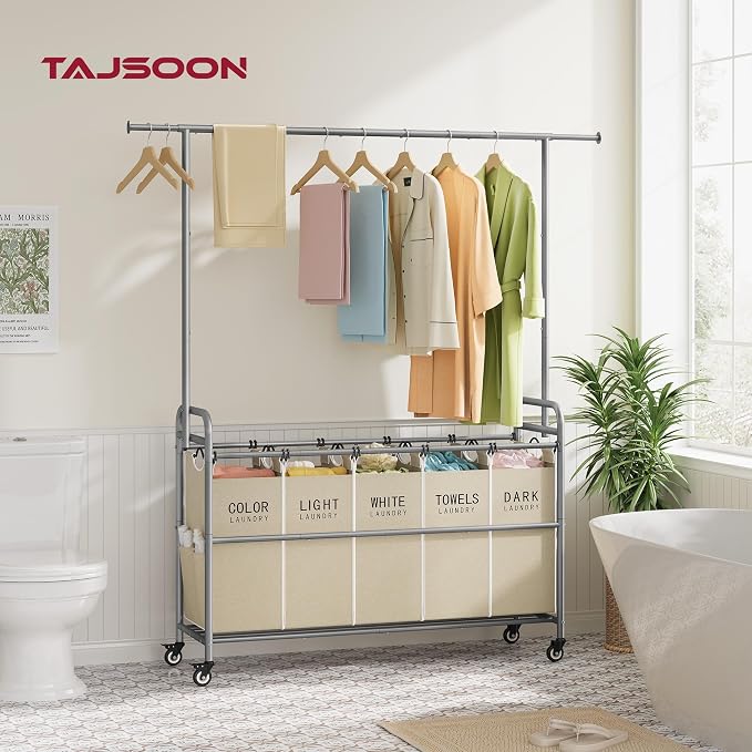 Tajsoon Laundry Sorter with Hanging Bar, 5 Bag Laundry Sorter with Wheels - Image 2