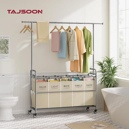 Tajsoon Laundry Sorter with Hanging Bar, 5 Bag Laundry Sorter with Wheels - Image 2