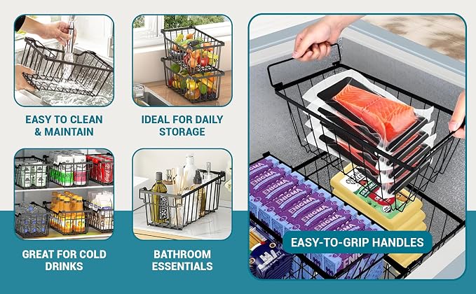 Freezer Organizer Bins with Foldable Handle, 4 Pack Stackable Freezer Baskets - Image 3