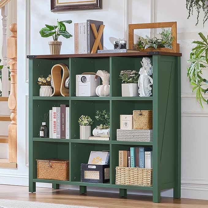 Joaxswe 9 Cube Storage Organizer, Farmhouse 47 Inch Wide Vintage Green Bookshelf by Joaxswe