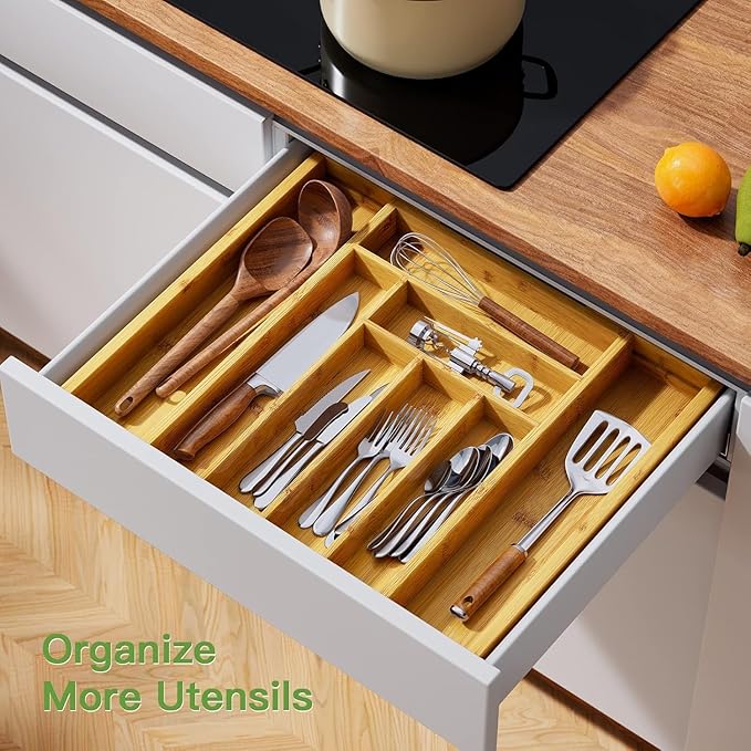 Pipishell Bamboo Expandable Silverware Drawer Organizer, Adjustable Kitchen - Image 4