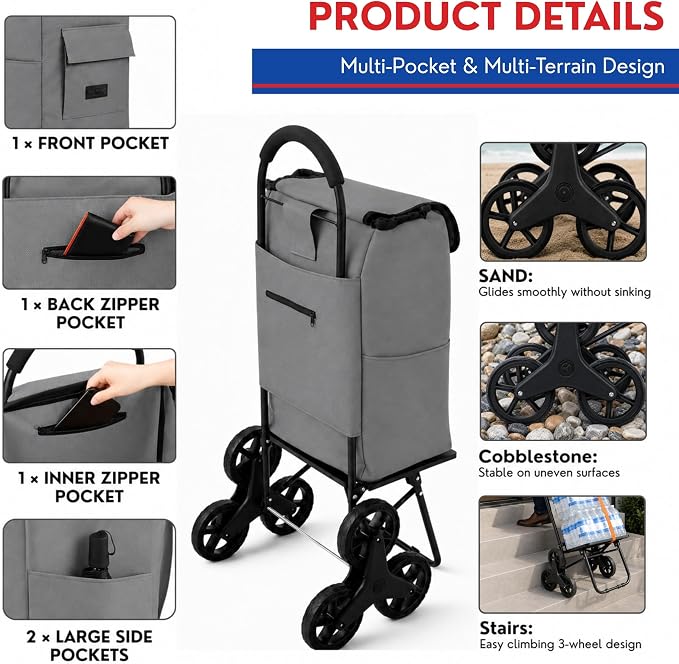 Shopping Cart, Super Loading Stair Climber 220 lbs Capacity, Grocery Foldable - Image 5