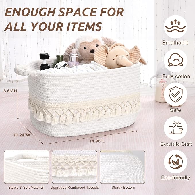 2 Pack Storage Basket for Shelves, Boho Cotton Rope Storage Bins - Image 4