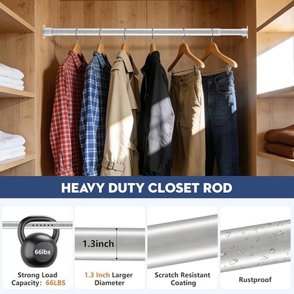 Heavy Duty Closet Rod, Adjustable 17-100 in, 1.3" Diameter | Silver, Suitable - Image 3
