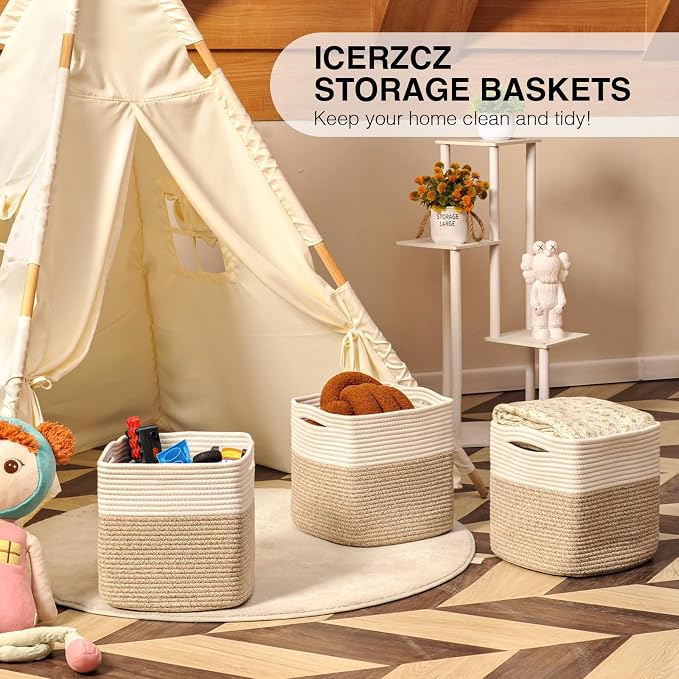 ICERZCZ 11 Inch Cube Storage Bins, Organizer Woven Cotton Rope Square Baskets - Image 6