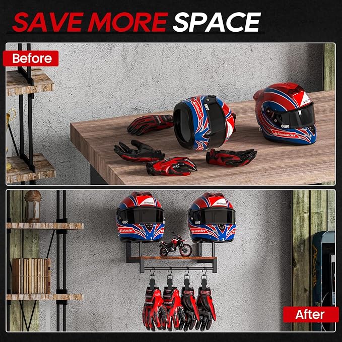Automotive Helmet Holder Wall Mount, Solid Wood and Metal Helmet Rack - Image 4