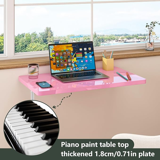Clikuutory Pink Wall Mounted High Gloss Folding Table, Wall Desk Fold Down - Image 3