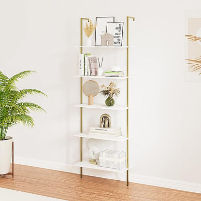 5 Tiers Ladder Shelf White Marble Modern Bookshelf Open Tall Wall Mount - Image 5