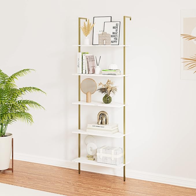 5 Tiers Ladder 2-Piece Shelf White Marble Modern Bookshelf Open Tall Wall Mount - Image 9
