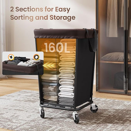 160L Laundry Basket with Wheels, 2-section Rolling Laundry Basket, Large - Image 4
