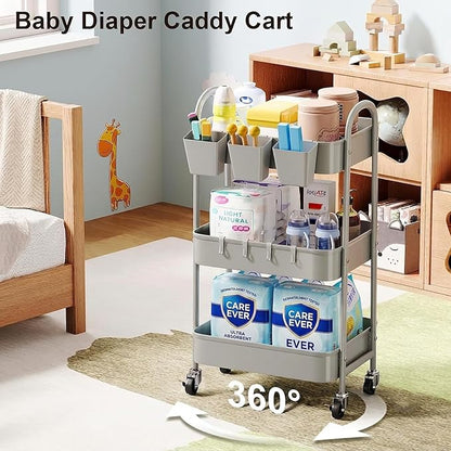 3 Tier Gray Metal Rolling Cart, Mesh Storage Cart - Image 4