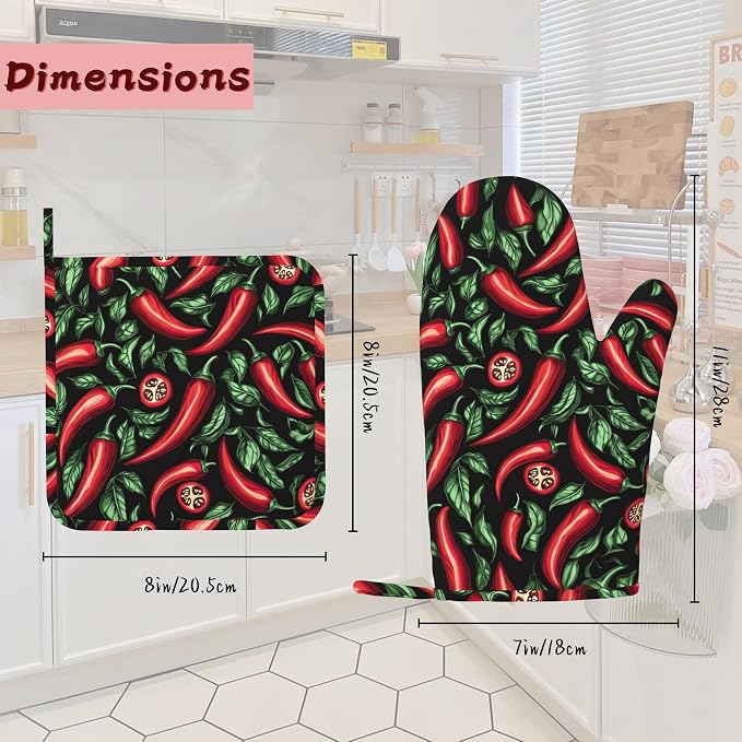 Red Chili Peppers Silicone Oven Mitts and Pot Holders, Heat-Resistant 4 Piece - Image 2