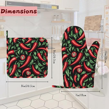 Red Chili Peppers Silicone Oven Mitts and Pot Holders, Heat-Resistant 4 Piece - Image 2