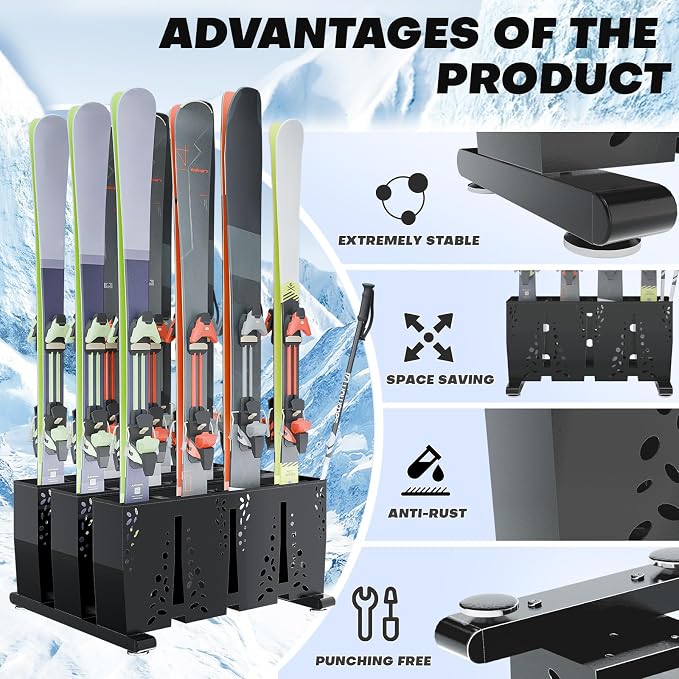 Ski Storage Rack for Garage, 12 Pair Heavy Duty Steel Freestanding Ski Storage - Image 5