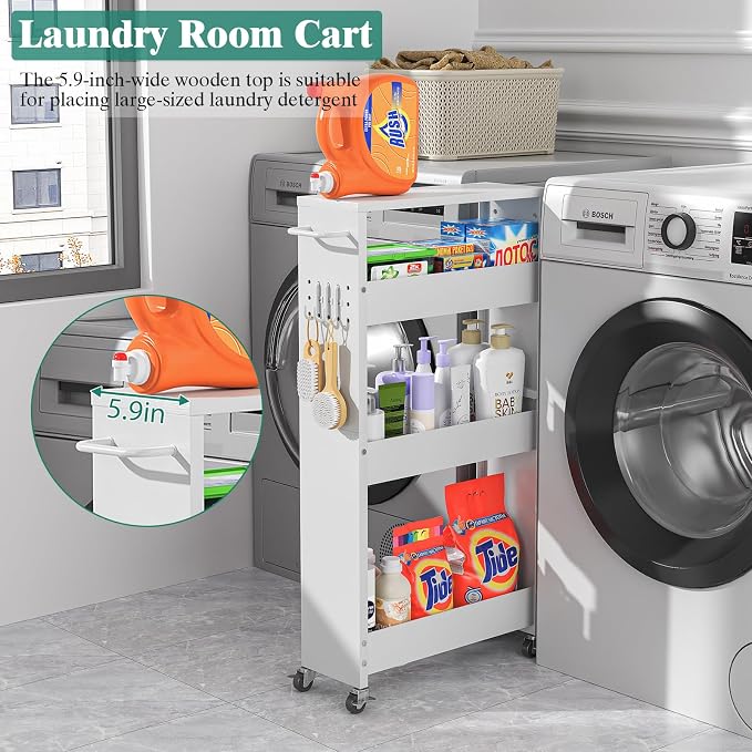 Slim Storage Cart, 4-Tier Kitchen Rolling Cart Narrow Storage Cabinet - Image 5