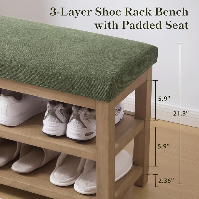 Zihanhome Shoe Rack Bench with Cushion, 2 Tier Solid Wood Storage Bench - Image 4