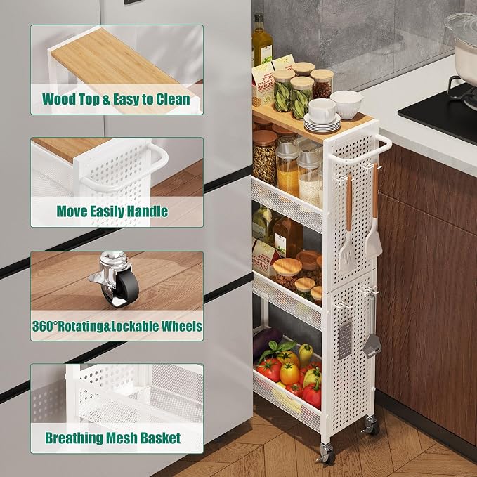 Slim Rolling Storage Cart with Wheels, 4-Tier Metal Utility Cart with Handle & - Image 3