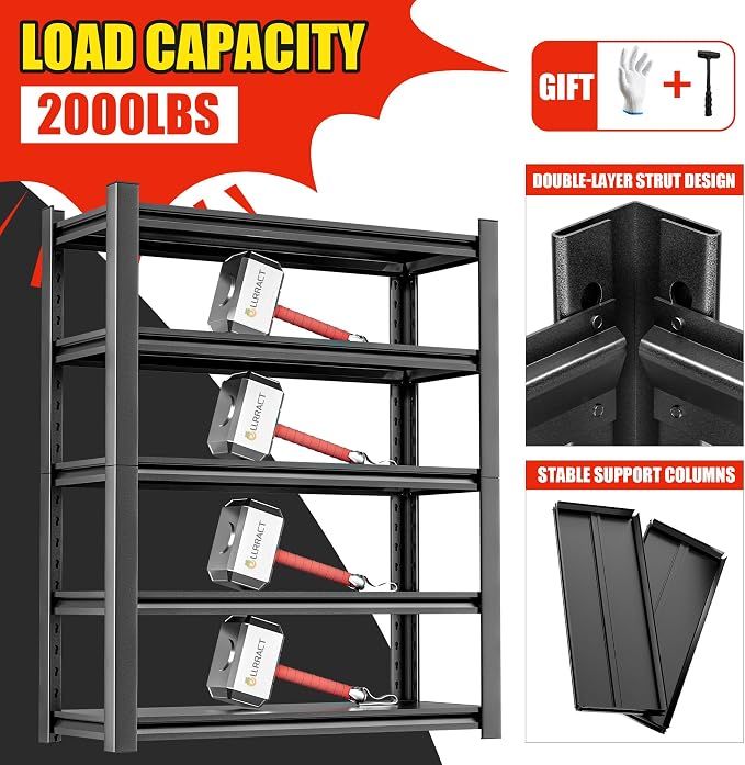 OLLRRACT Garage Shelving, Storage Shelves, Adjustable 5 Tier Metal Heavy Duty - Image 6
