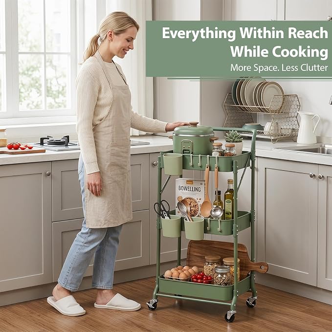 Amatic 3-Tier Folding Rolling Utility Cart - Image 7