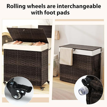 Giantex Laundry Hamper w/Wheels, 3 Section Hamper 125L w/2 Removable Liner Bags - Image 4