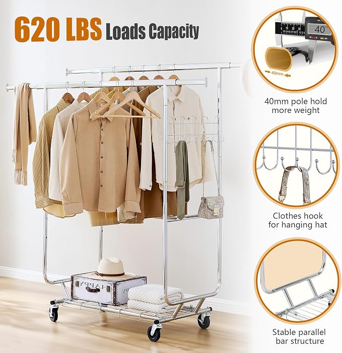 Heavy Duty Clothes Rack Load 620 Lbs, Double Rod Rolling Clothing Rack - Image 2