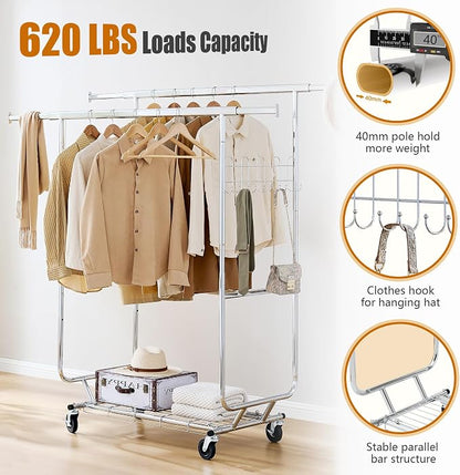 Heavy Duty Clothes Rack Load 620 Lbs, Double Rod Rolling Clothing Rack - Image 2