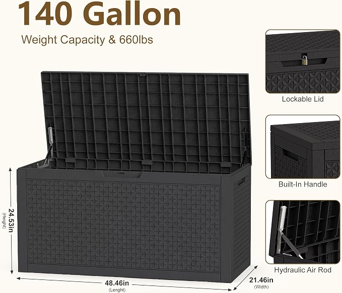 140 Gallon Outdoor Storage Box, Large Resin Deck Box, Waterproof Lockable - Image 7