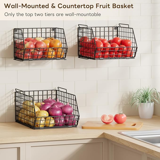 3-Tier Stackable Wire Baskets, Fruit and Vegetable Storage - Image 2