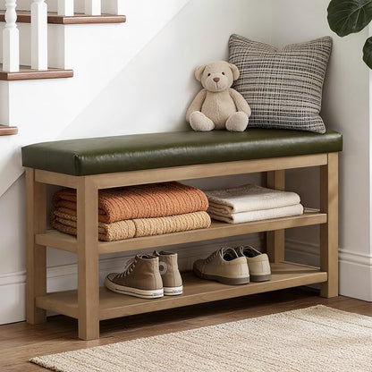 Zihanhome Shoe Rack Bench with Leather Cushion, 2 Tier Solid Wood Storage Bench - Image 4