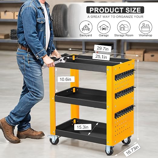 3 Tier Rolling Tool Cart on Wheels, Mechanic Storage Organizer, Rolling Work - Image 2