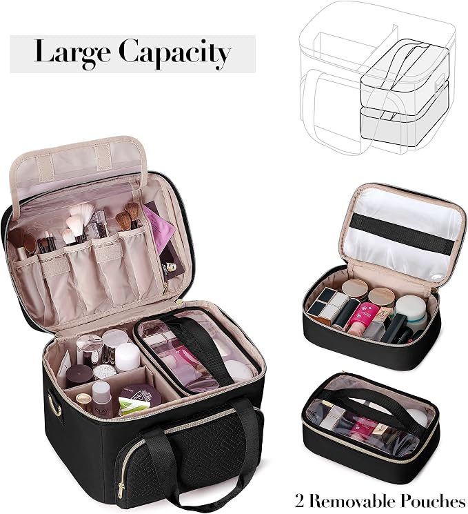 Travel Makeup Bag with 2 Pouches and Adjustable Dividers, Large Cosmetic Case - Image 2