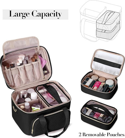 Travel Makeup Bag with 2 Pouches and Adjustable Dividers, Large Cosmetic Case - Image 2