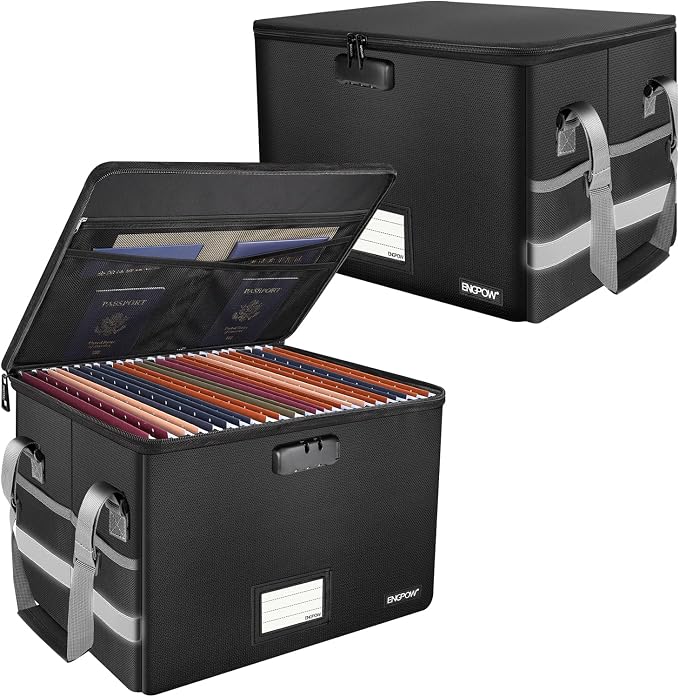 ENGPOW File Box with Lock, Fireproof Document Box with Pockets, Collapsible by ENGPOW