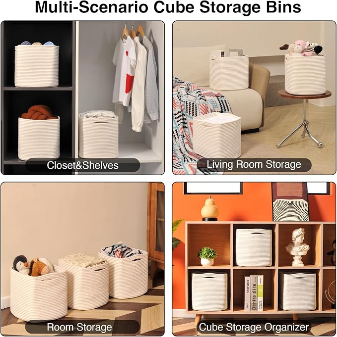 ICERZCZ 13 Inch Cube Closet Storage Bins, Woven Cotton Rope Organizer Baskets - Image 5