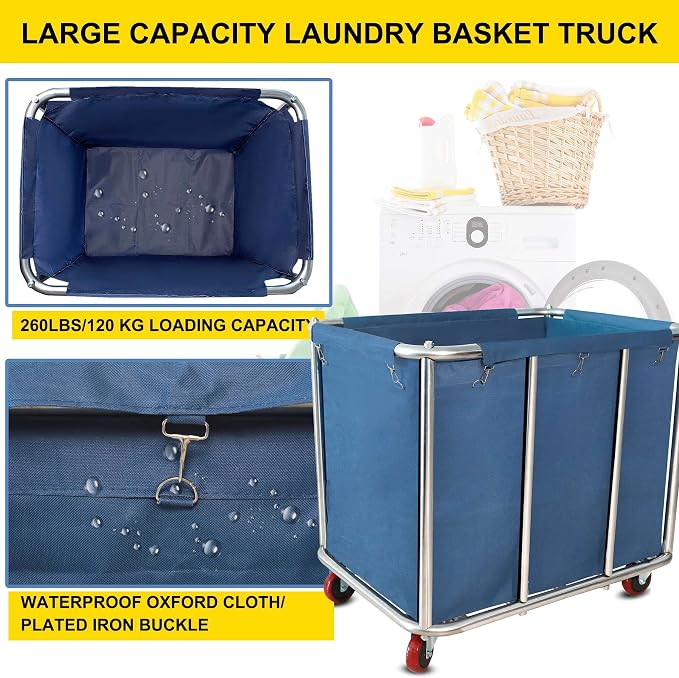 Commercial Laundry Cart with Wheels, 11.35 Bushel Large Laundry Cart, Heavy - Image 3