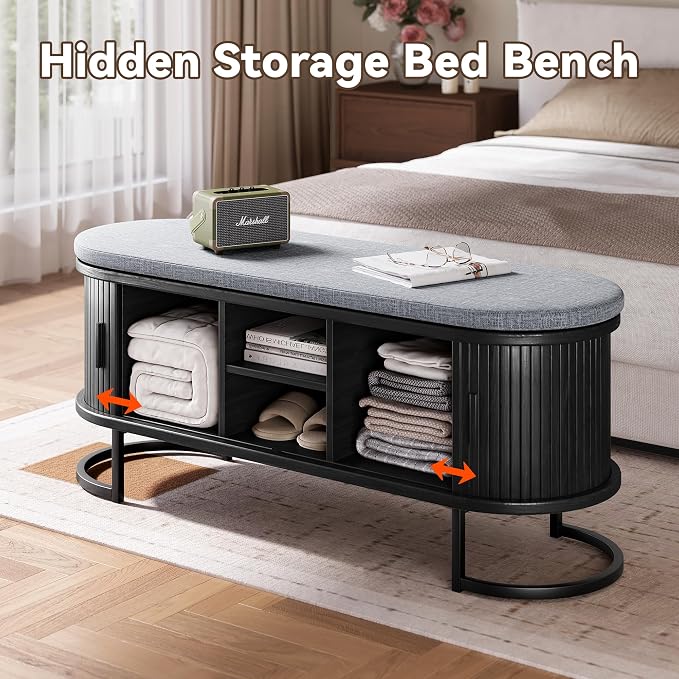 Decofy Shoe Storage Bench with Cushion and Sliding Doors, 47.2 Inch Shoe Bench - Image 5