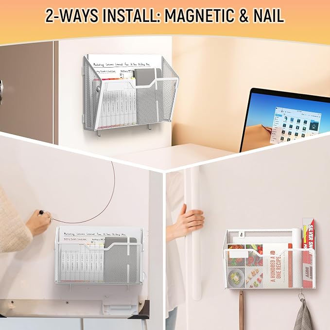 Docnest 3 Pack Dual-Mount Magnetic Mesh File Holders, Wall Organizer | Mount - Image 5