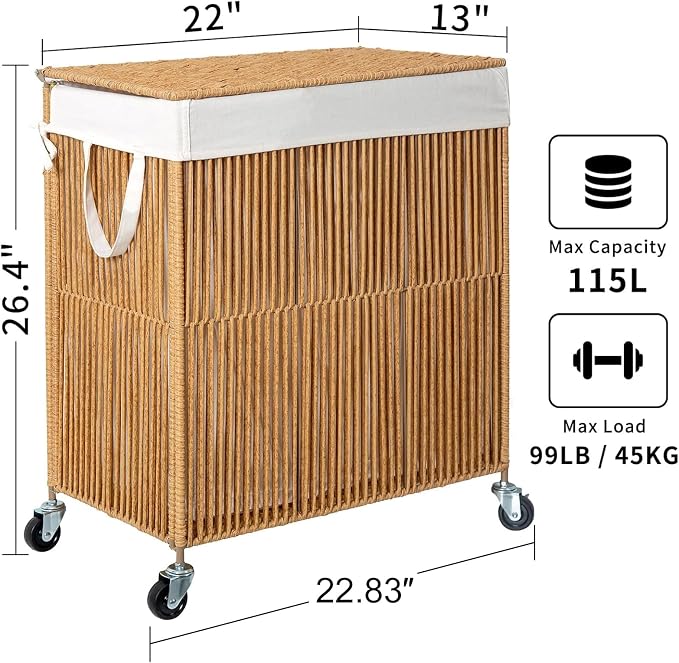 WOWLIVE Laundry Hamper with Wheels, Handwoven Rolling Laundry Basket with Lid - Image 4