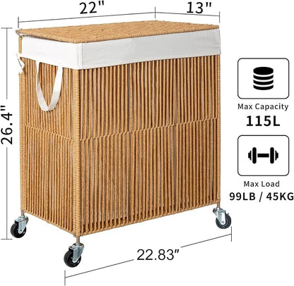 WOWLIVE Laundry Hamper with Wheels, Handwoven Rolling Laundry Basket with Lid - Image 4