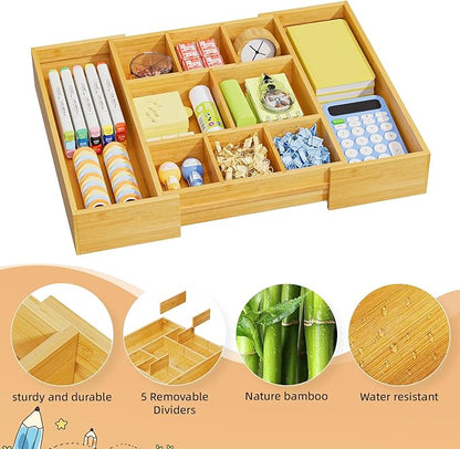 Marbrasse Bamboo Expandable Drawer Organizer, Desk Drawer Organizer Tray - Image 6
