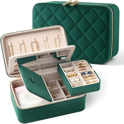 Velvet Travel Jewelry Box with Large Mirror, Double-Layer Jewelry Organizer Case by Lumayina