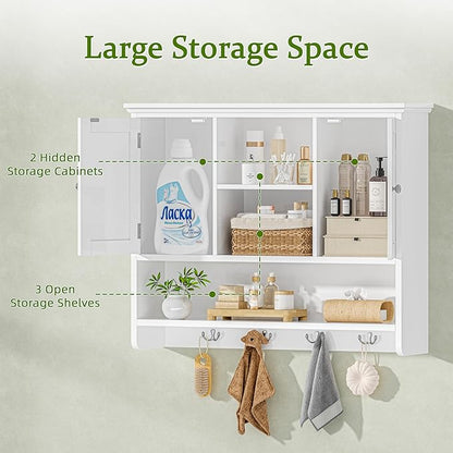 Bathroom Wall Cabinet with Doors and Hooks, 3-Tier Wall Mounted Cabinet | - Image 6