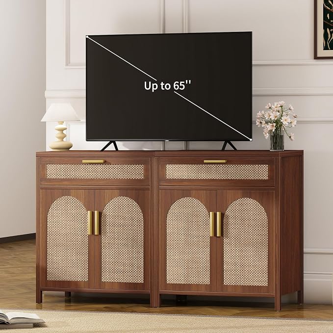 Rattan Buffet Cabinet with Storage Set of 2, Sideboard Cabinet with Doors and - Image 3