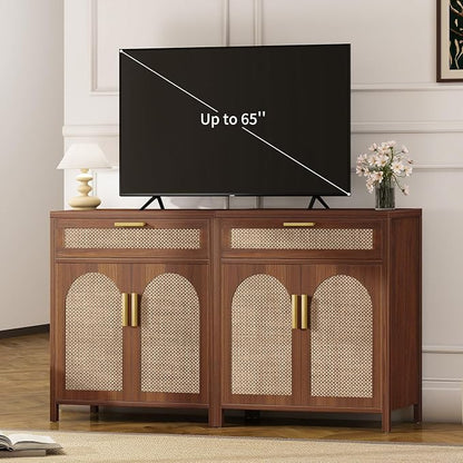 Rattan Buffet Cabinet with Storage Set of 2, Sideboard Cabinet with Doors and - Image 3