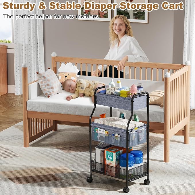 3-Tier Baby Diaper Caddy Organizer and Storage Cart, Mobile Metal Utility Cart - Image 6