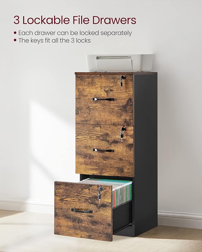 VASAGLE 3-Drawer Vertical File Cabinet, Rustic Brown and Black, - Image 7